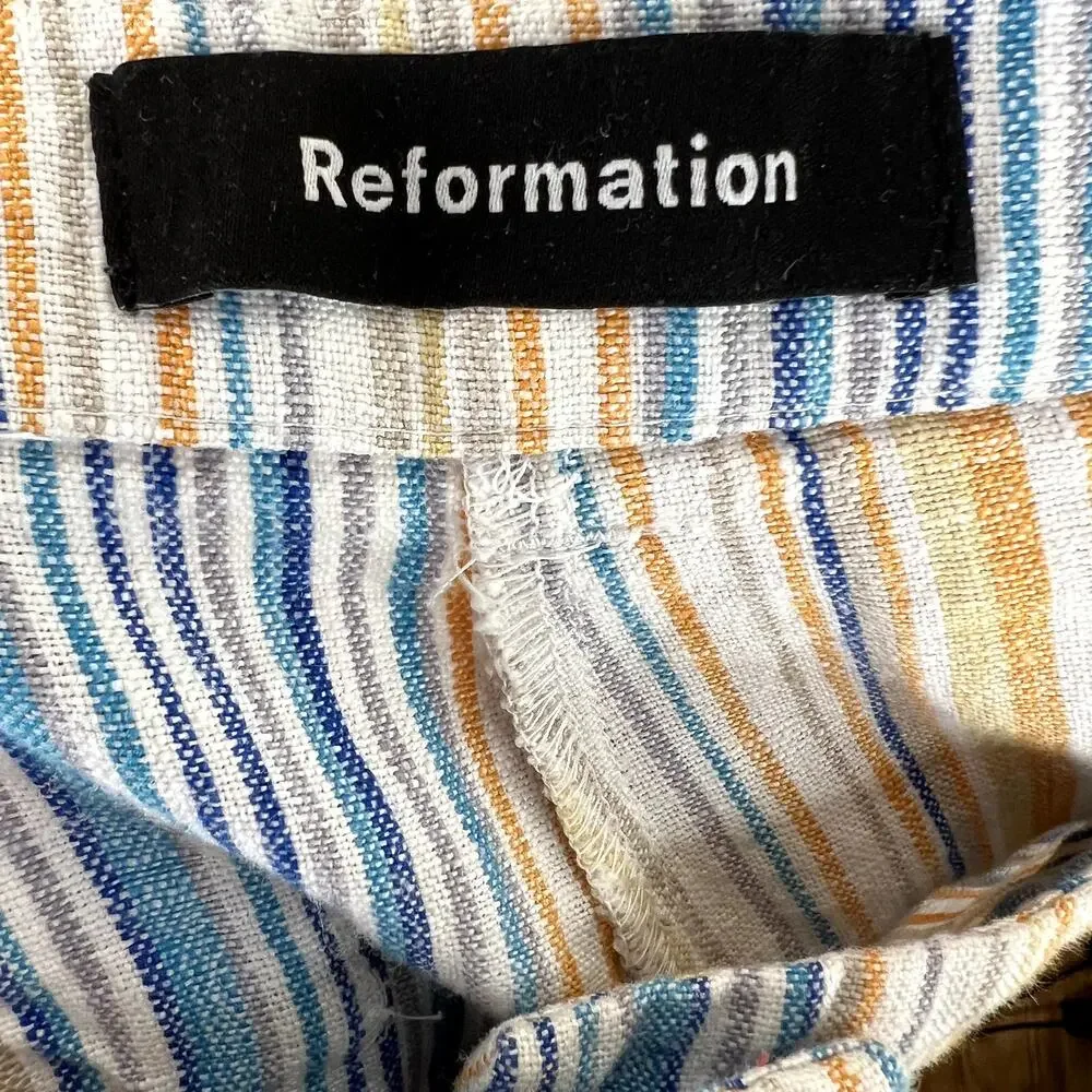 Reformation Tahiti Linen Pants Marbella Stripe High Rise Cropped 8 Blue Orange